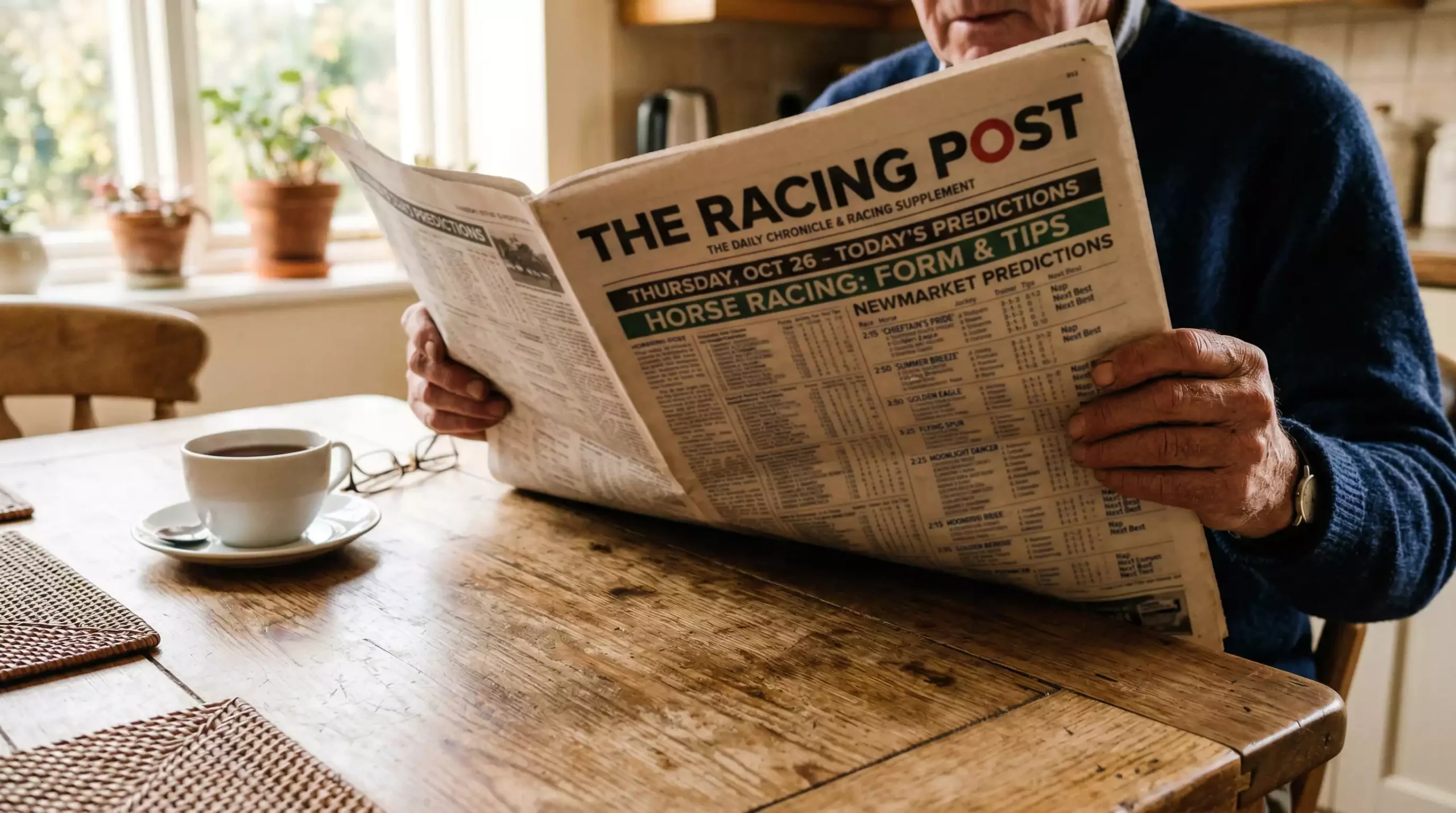 Person reading horse racing tips on a newspaper sports page with a cup of tea