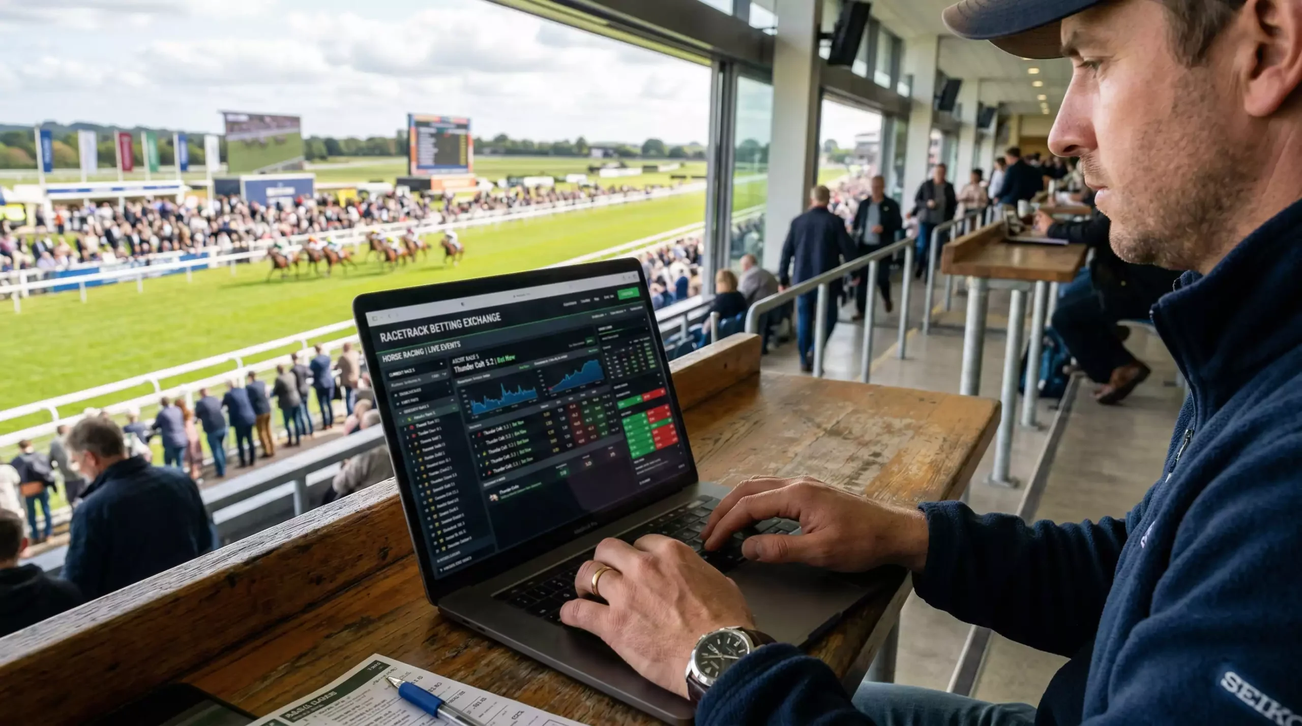 Person analysing horse racing odds on a laptop at a racecourse viewing area