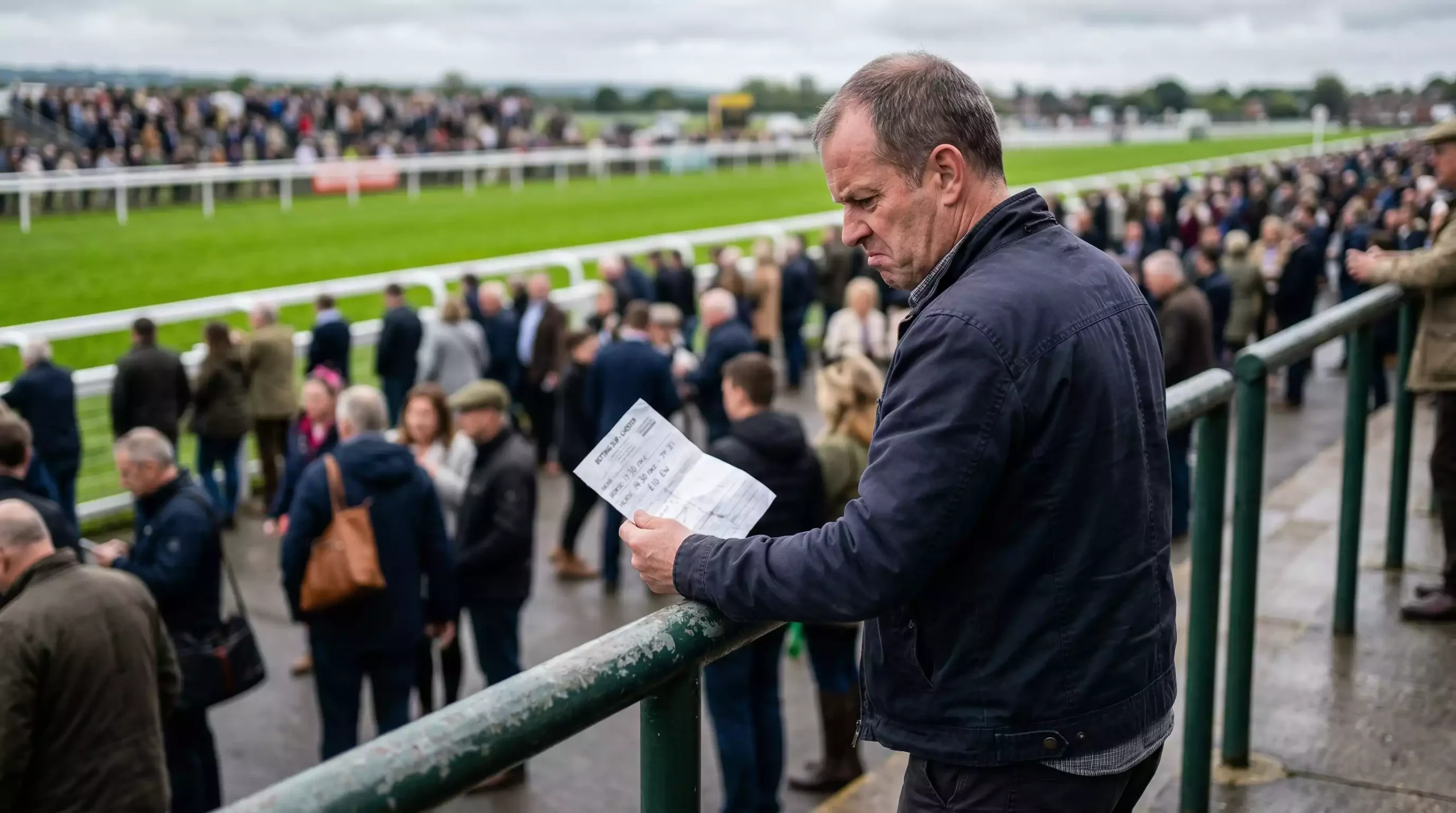 Frustrated punter crumpling a losing betting slip at a UK racecourse