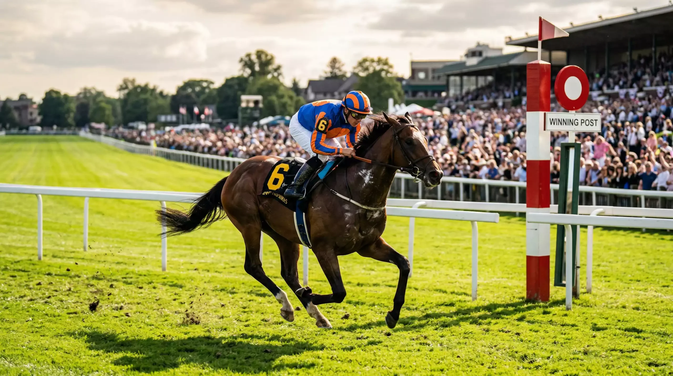 Thoroughbred horse galloping past a winning post on a green turf racecourse