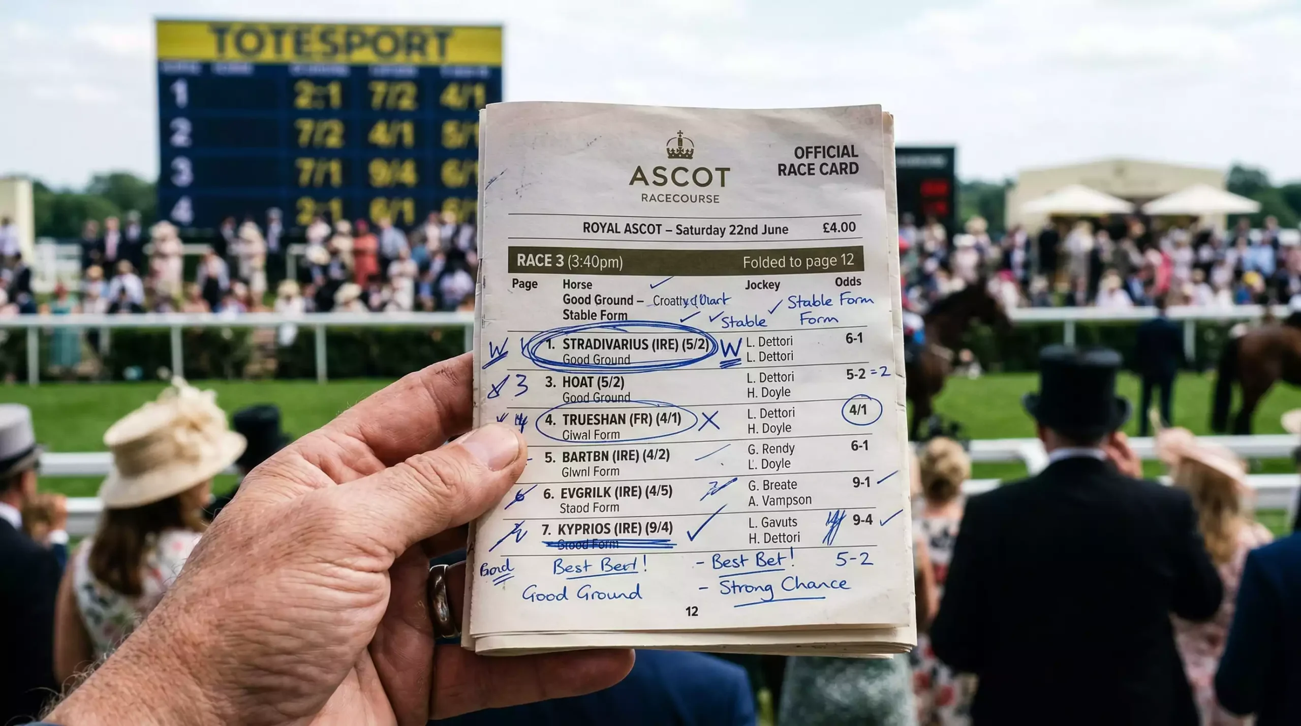 Punter marking several horses on a racecard with a pen at a betting ring