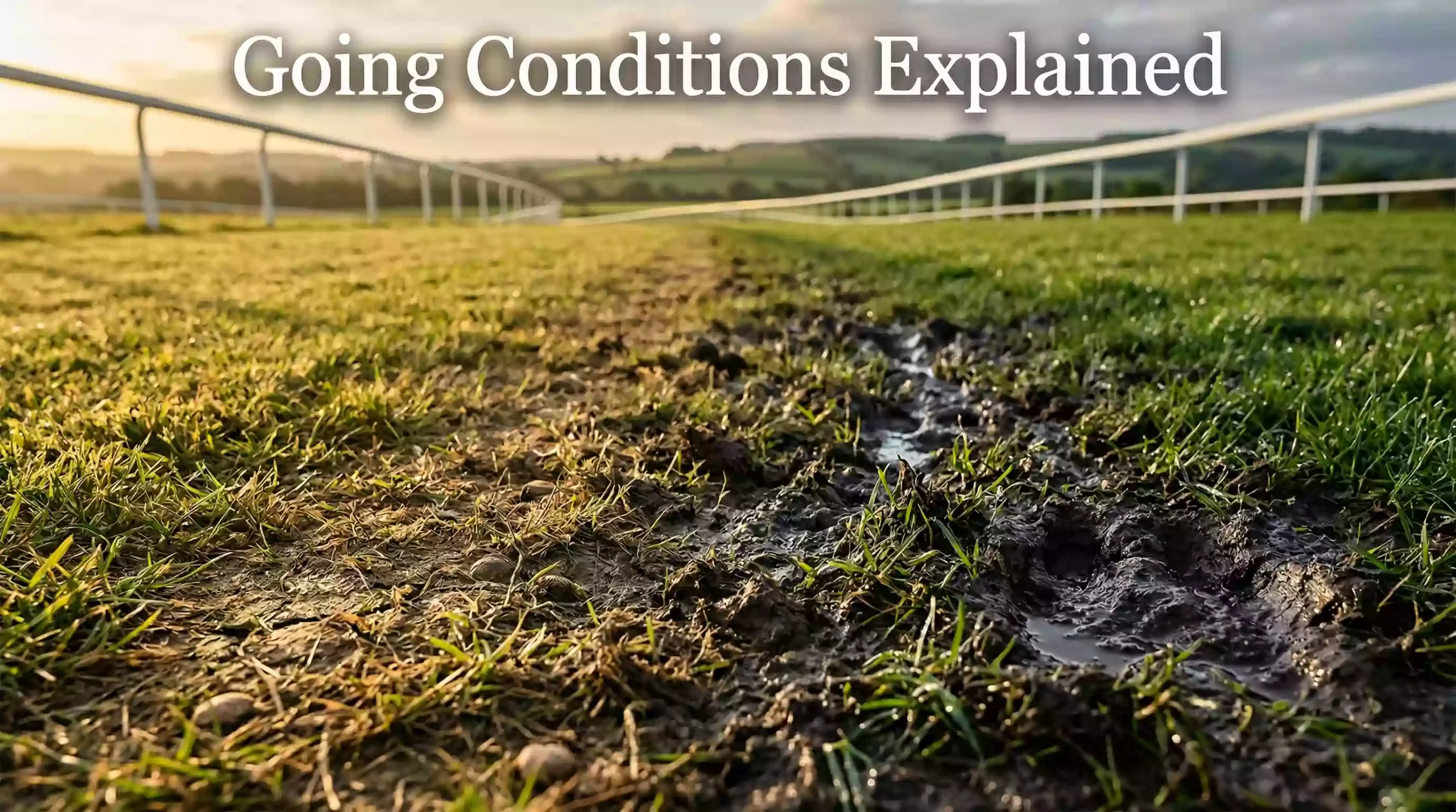 Close-up of UK racecourse turf showing different going conditions from firm to soft ground