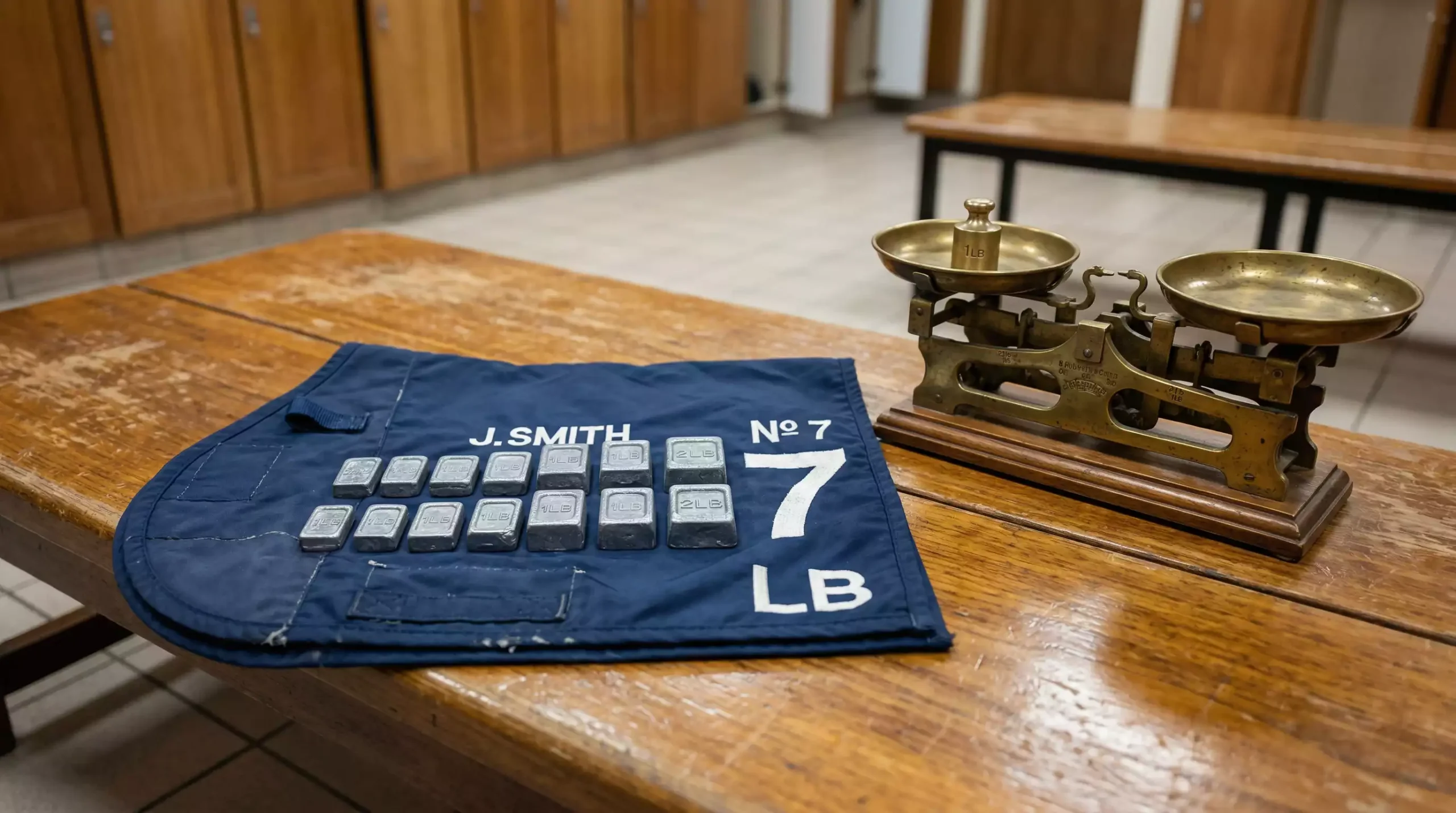 Jockey's weight cloth and lead weights laid out on a weighing-room bench before a race