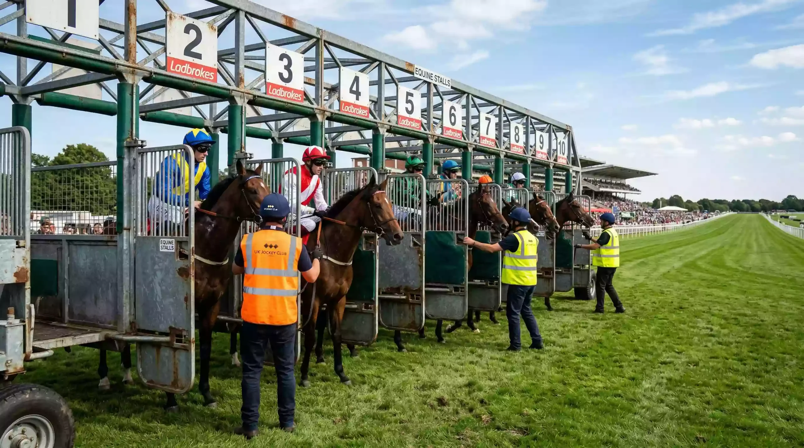 Horses lined up behind starting stalls on a UK racecourse before a classified race