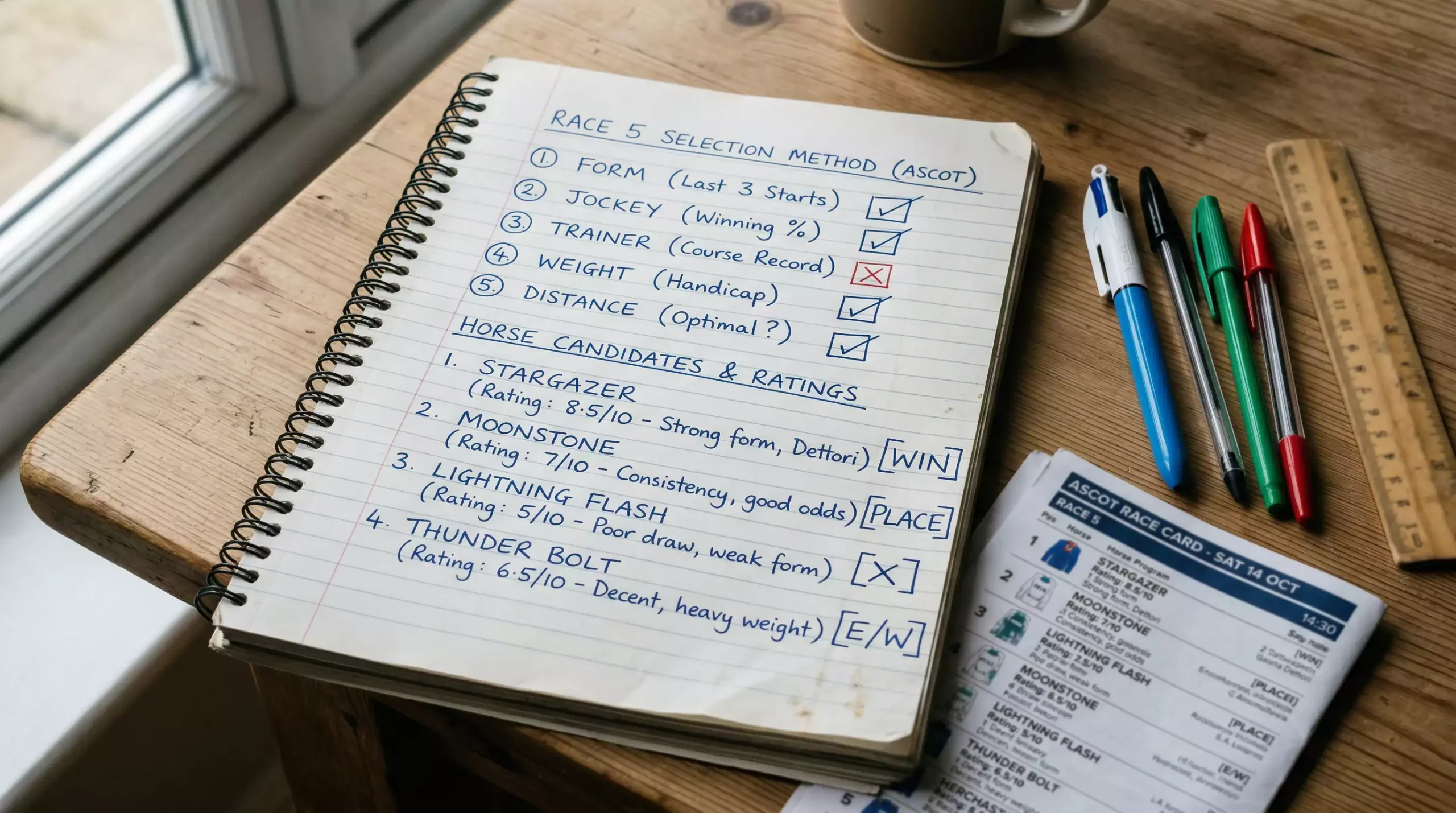 Notebook with a structured horse racing selection method and analysis notes