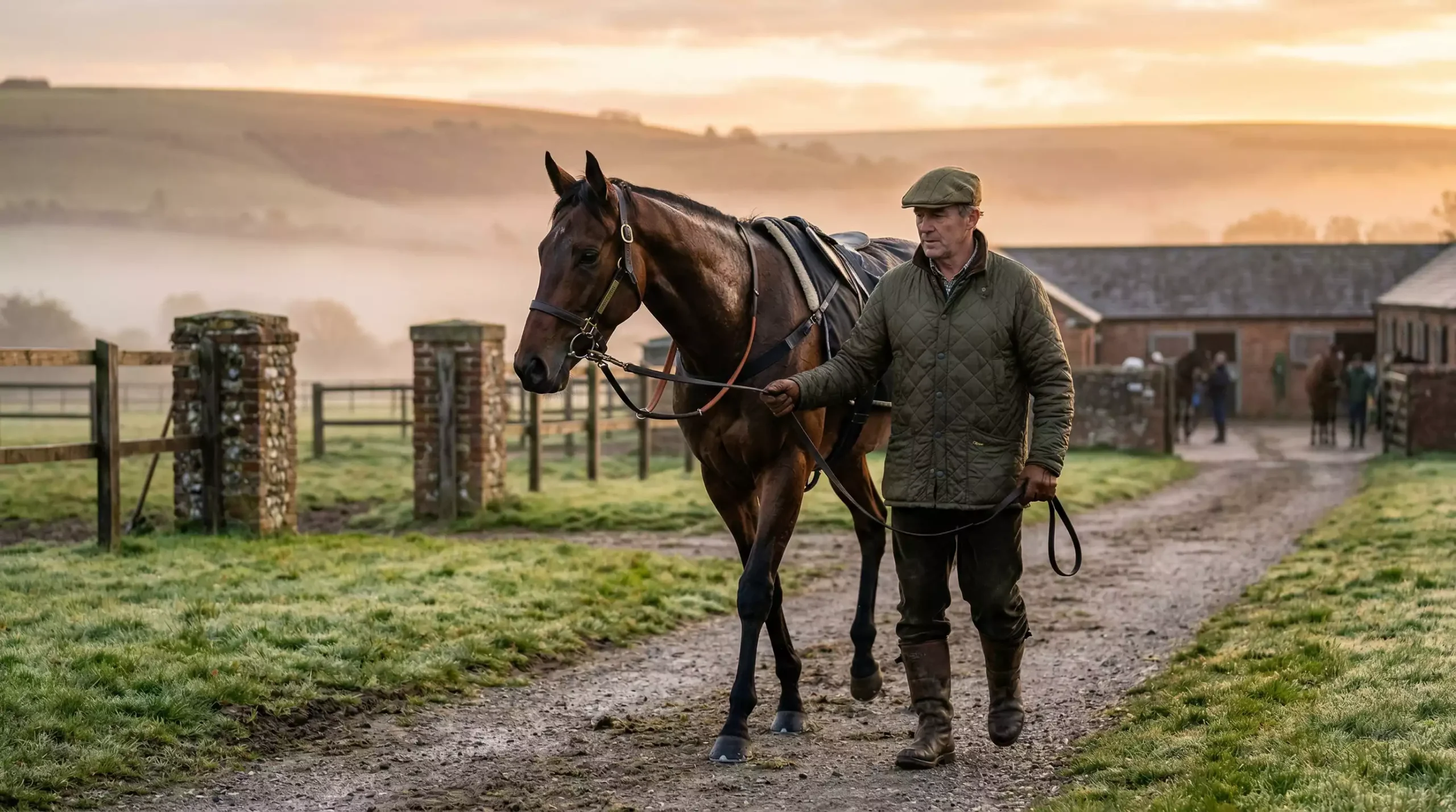 Fit racehorse being walked by a handler on a training yard in early morning light