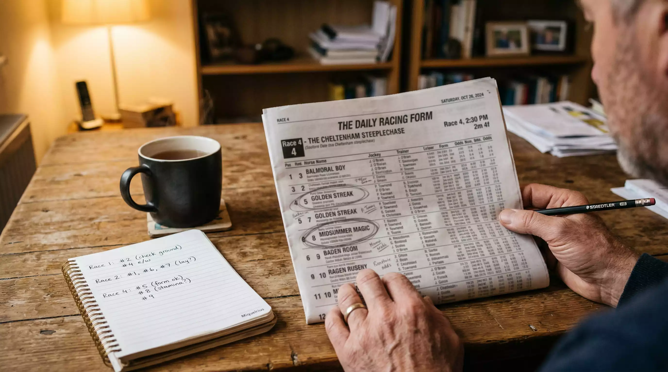 Punter studying a horse racing racecard with form figures and speed ratings highlighted