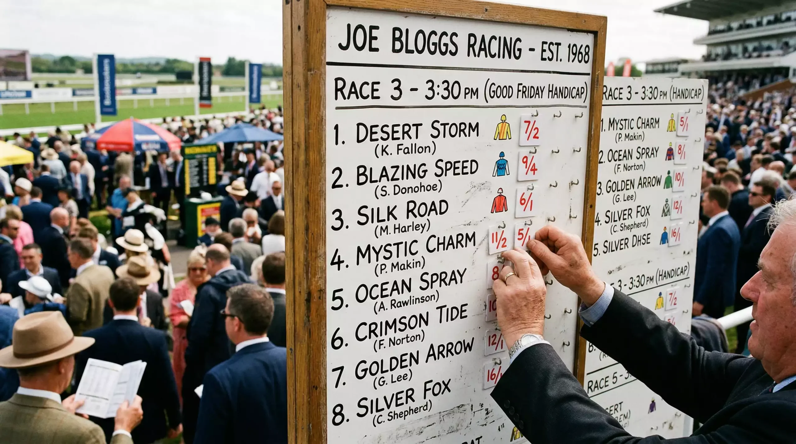 Traditional bookmaker's odds board showing fractional prices at a UK racecourse