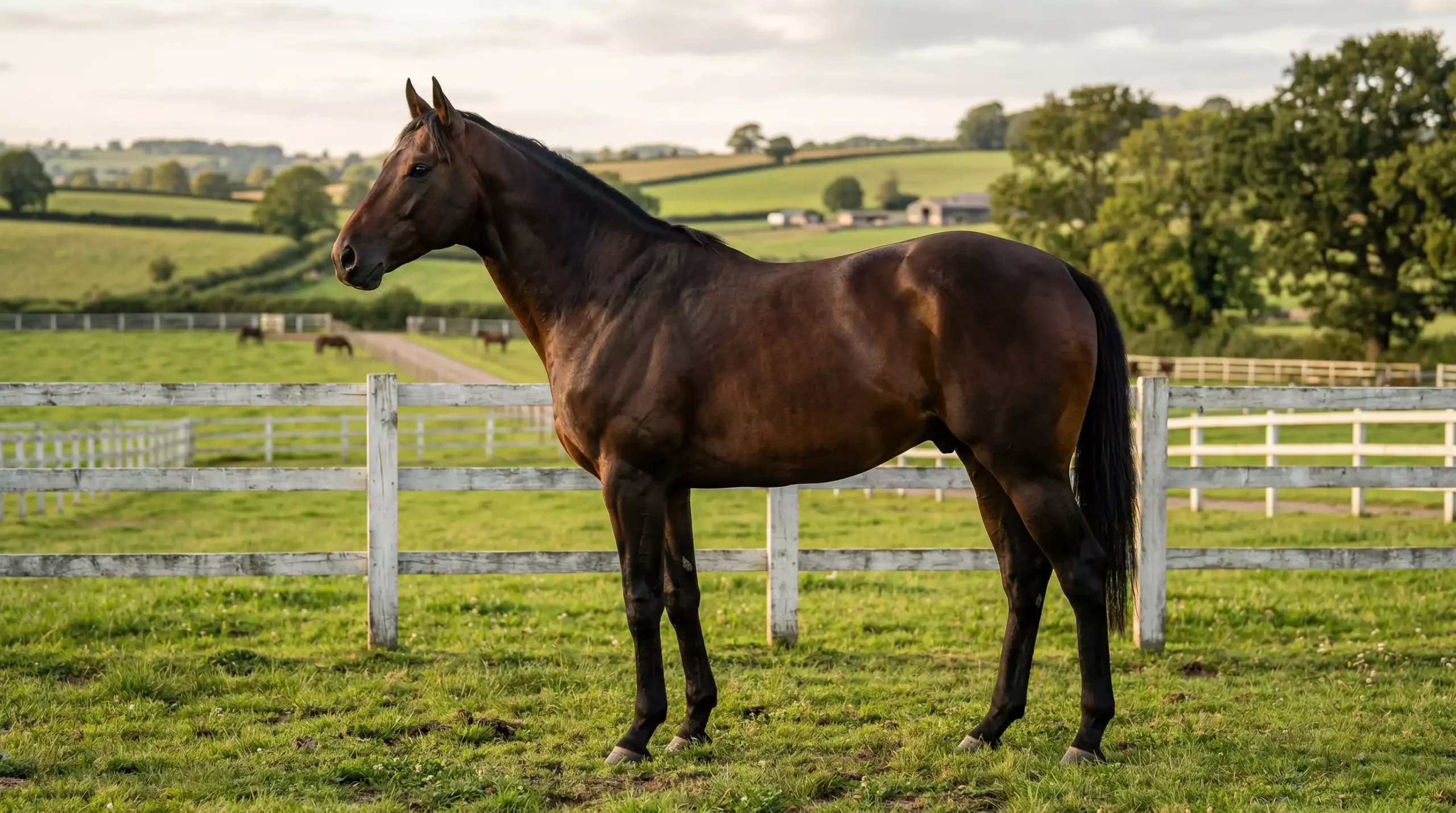 Powerful thoroughbred stallion standing in a paddock at a British stud farm
