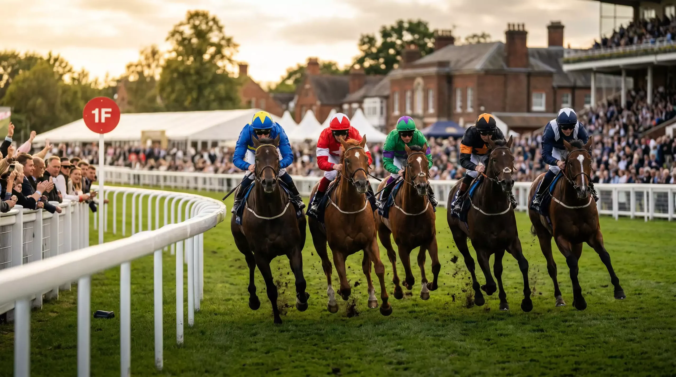 Thoroughbred horses racing on lush green turf at a British racecourse under dramatic afternoon light