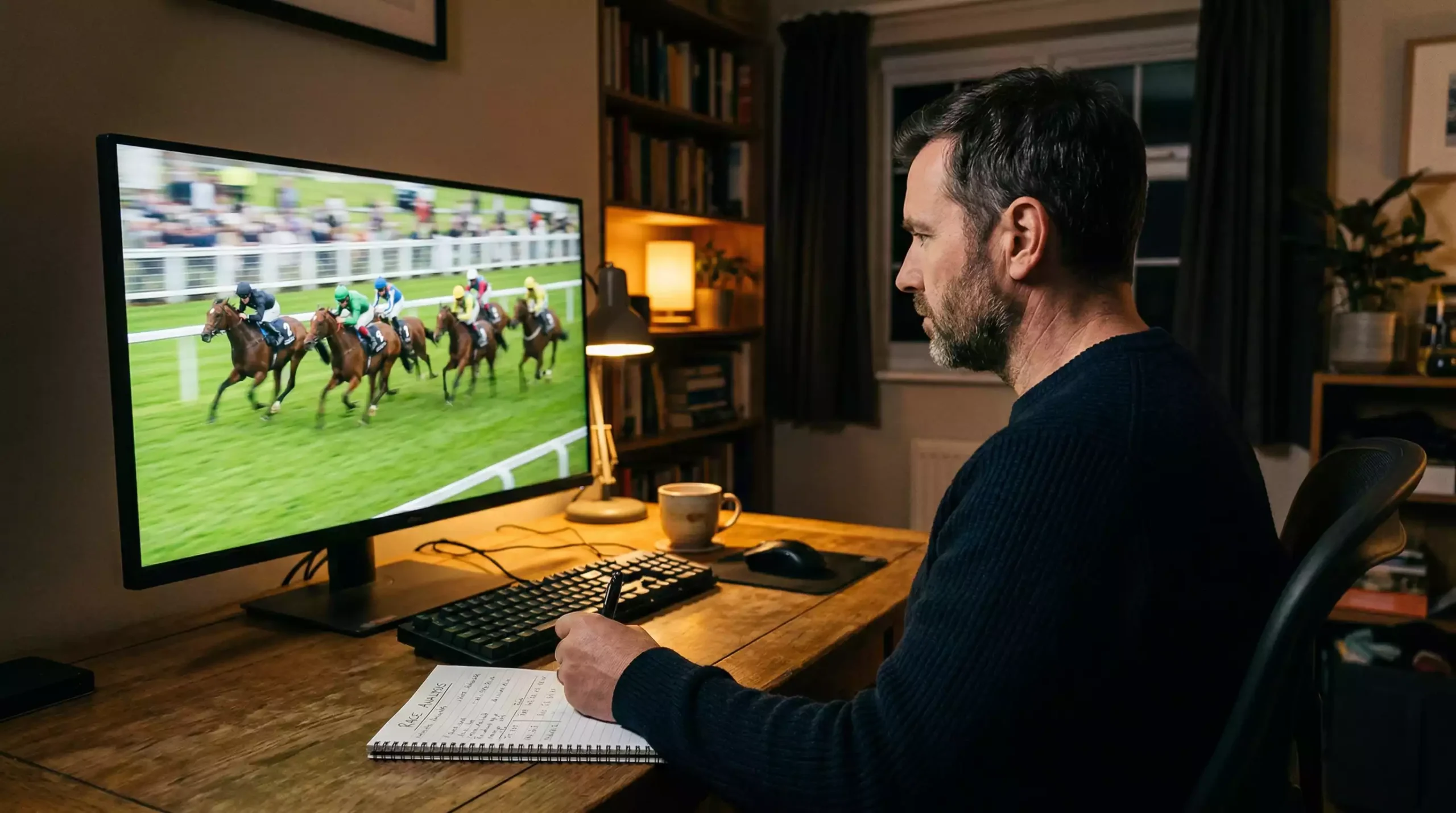 Person watching a horse race replay on a monitor while taking notes