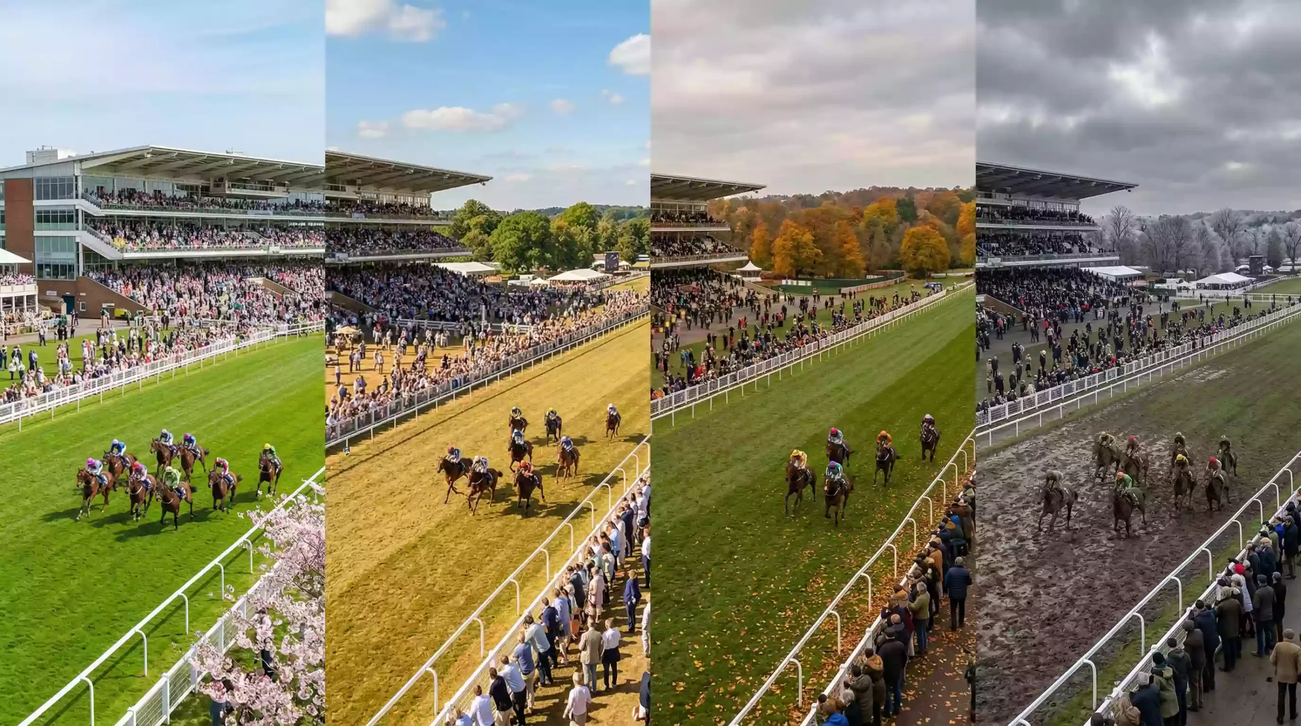 UK racecourse in four seasonal conditions from spring sunshine to winter soft ground