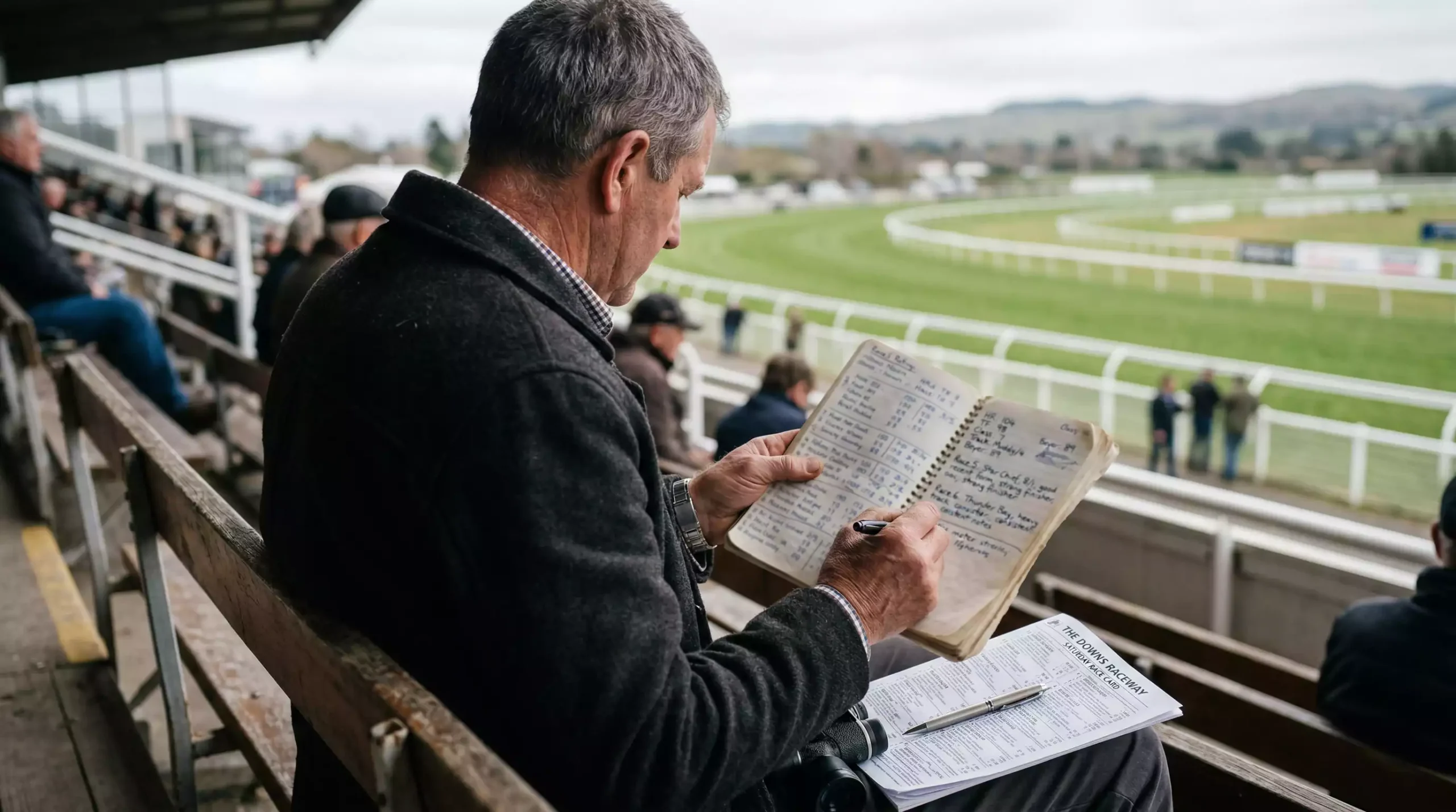 Man studying horse racing speed figures and ratings in a notebook beside a racecourse