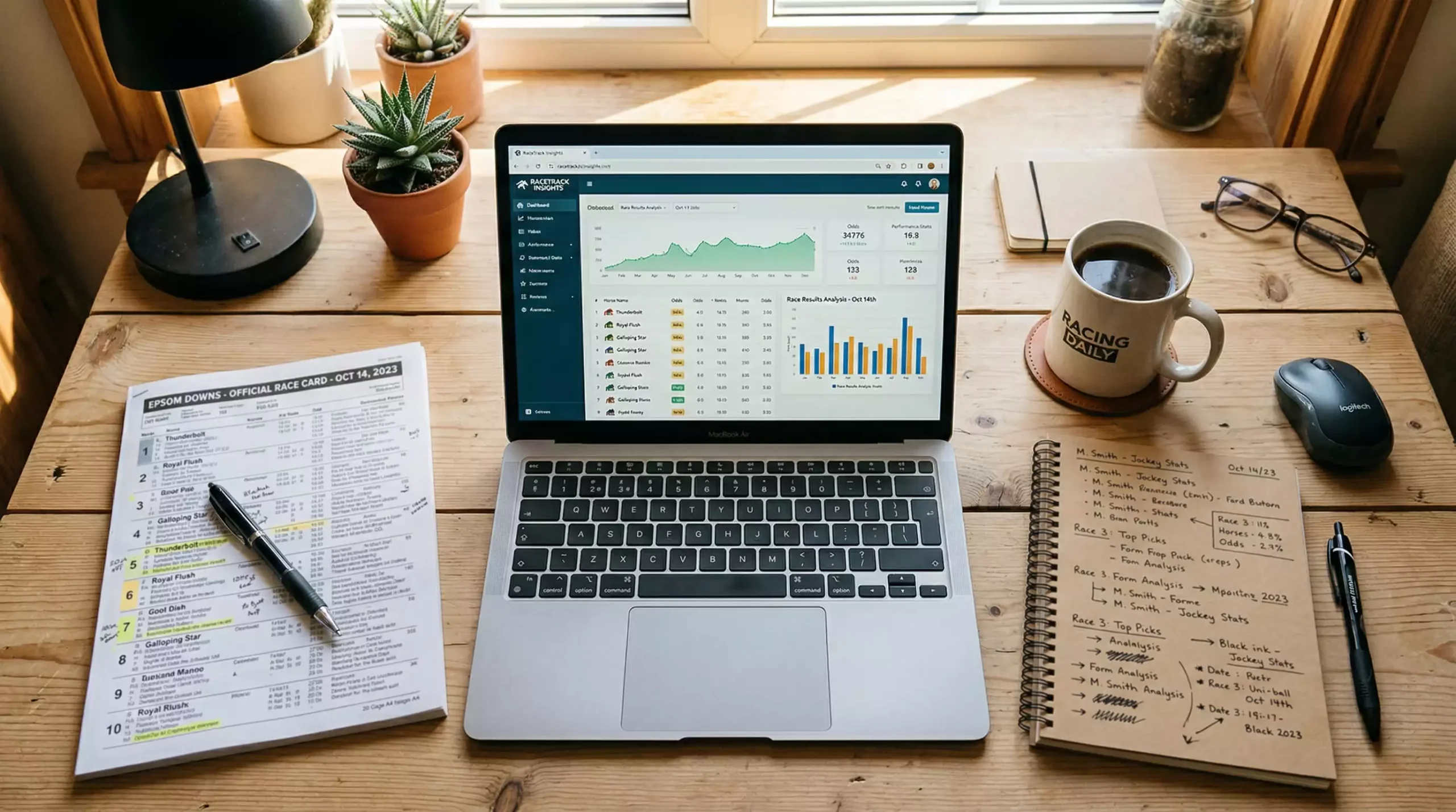 Desktop with a laptop, printed racecard, and notebook showing horse racing research