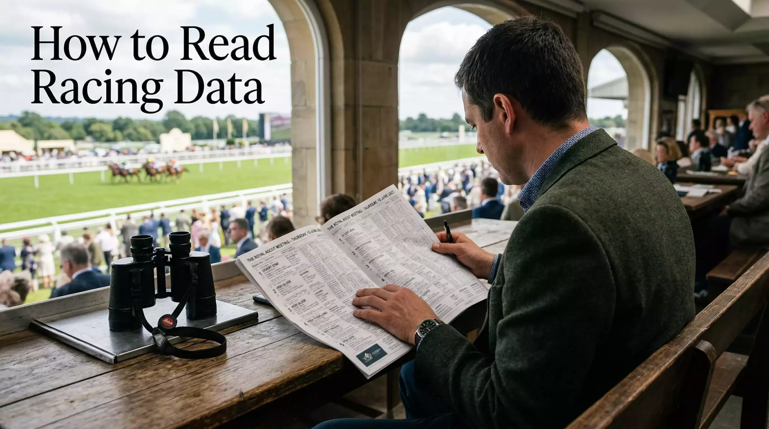 Punter studying a horse racing form guide with racecard and past performance data