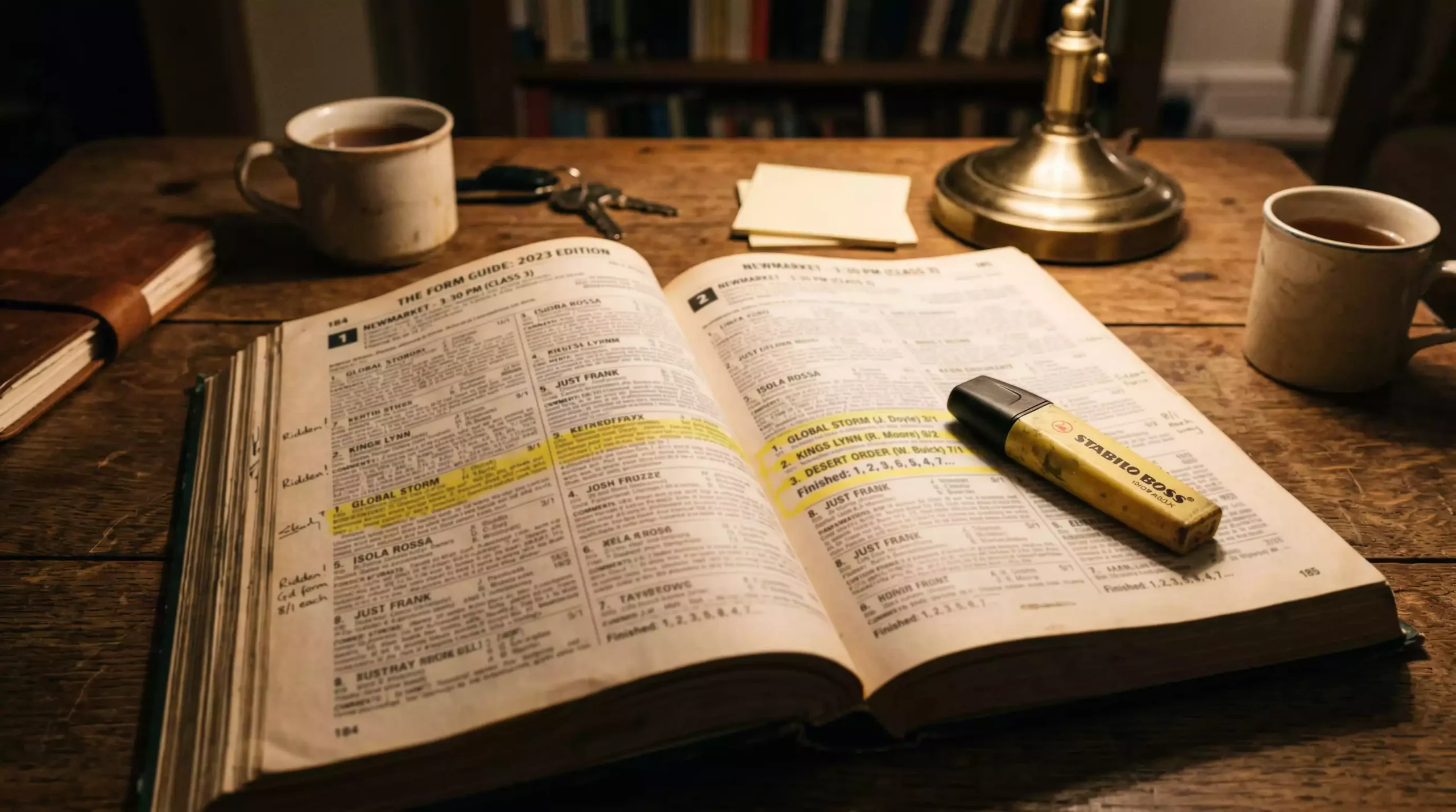 Person reading official race comments in a form book at a desk