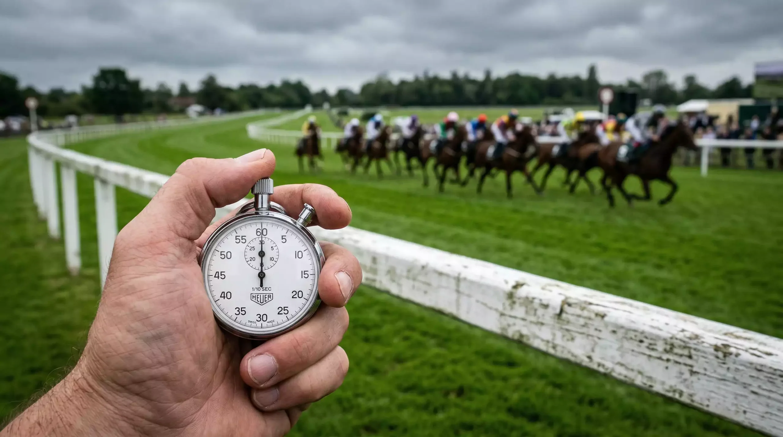 Stopwatch held beside a horse racing track with horses approaching in the background