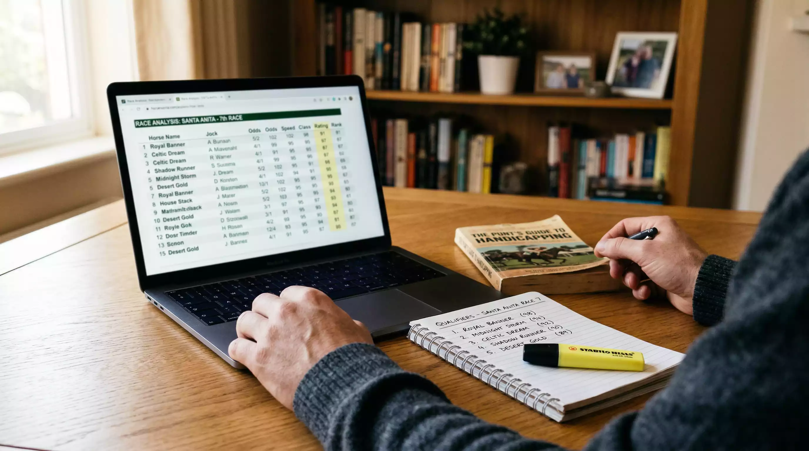 Analyst reviewing horse racing speed figures and class par ratings on a laptop screen with a notebook of shortlisted runners