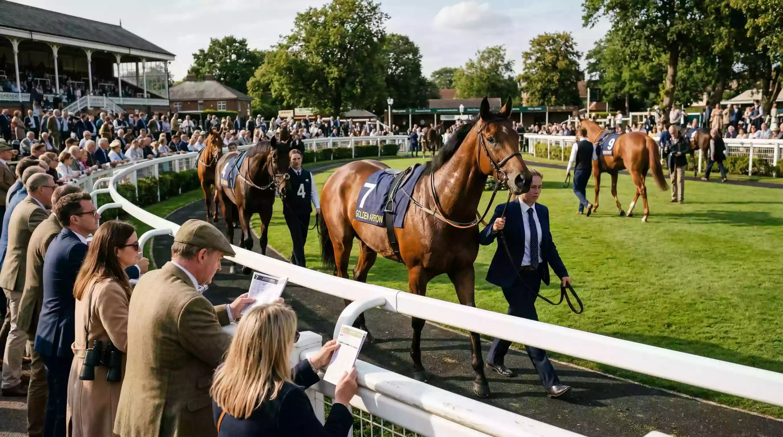 Racegoers studying horses walking in a parade ring before a UK horse race