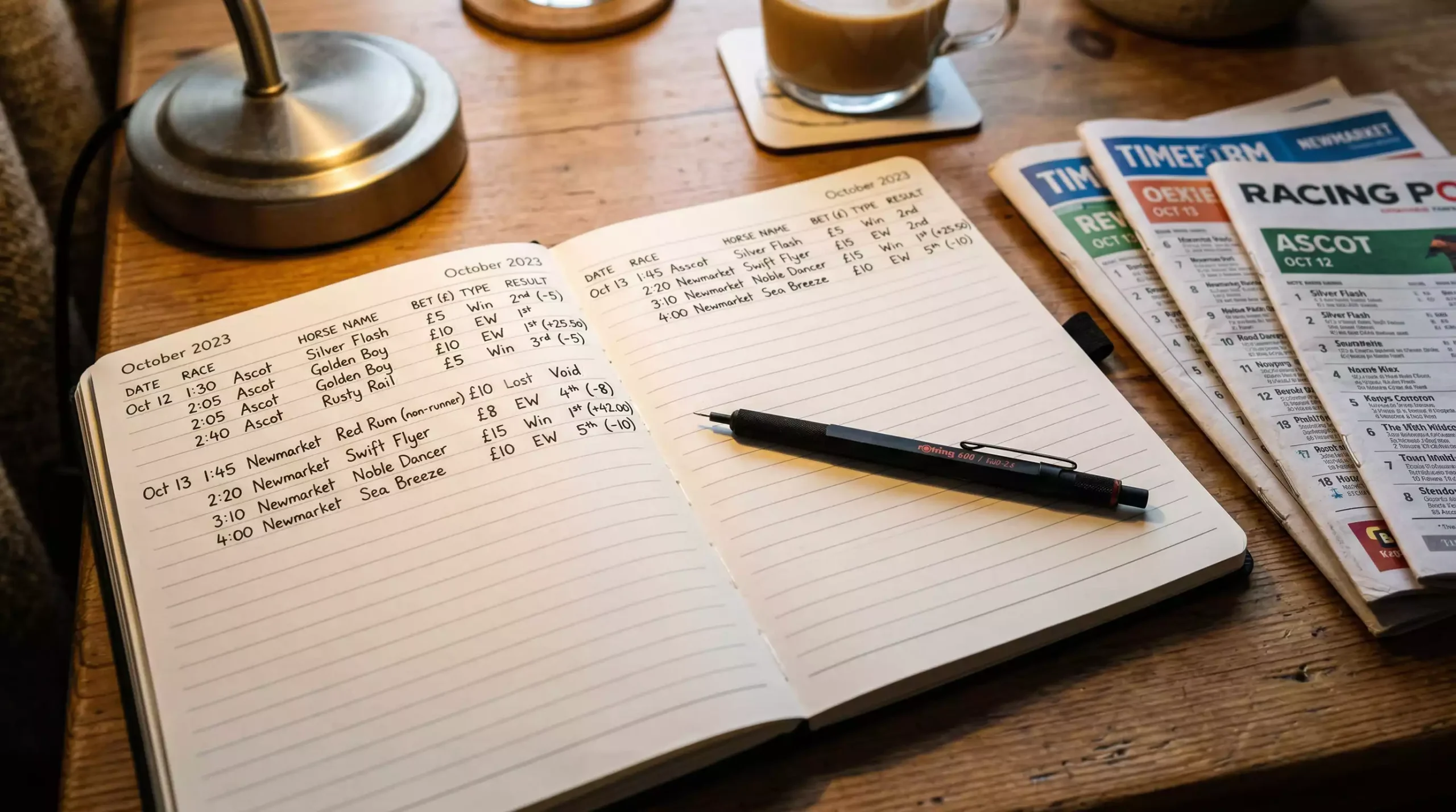 Notebook with a handwritten staking plan and betting records on a desk
