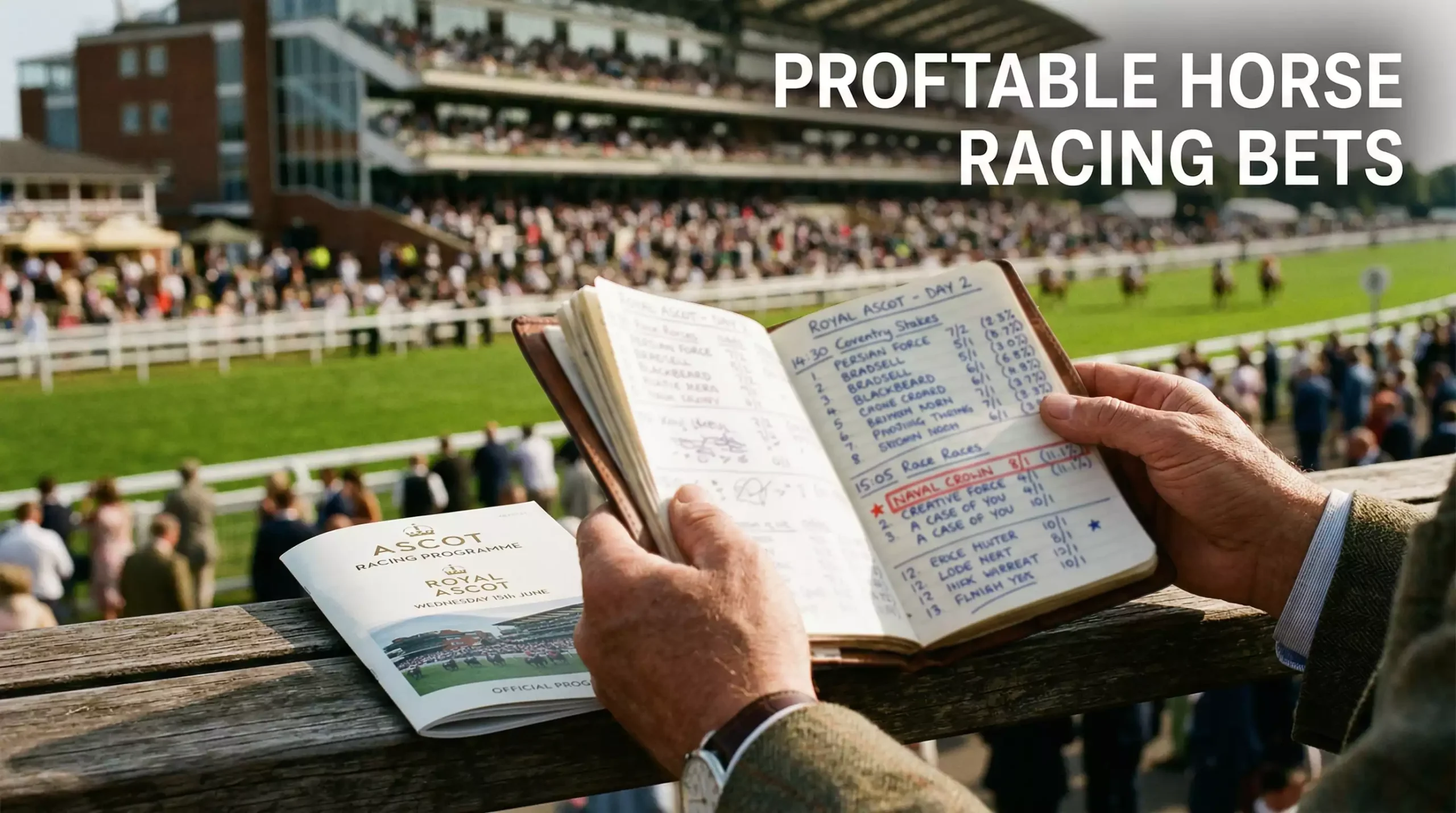 Person analysing horse racing odds and implied probability on a notebook at a racecourse