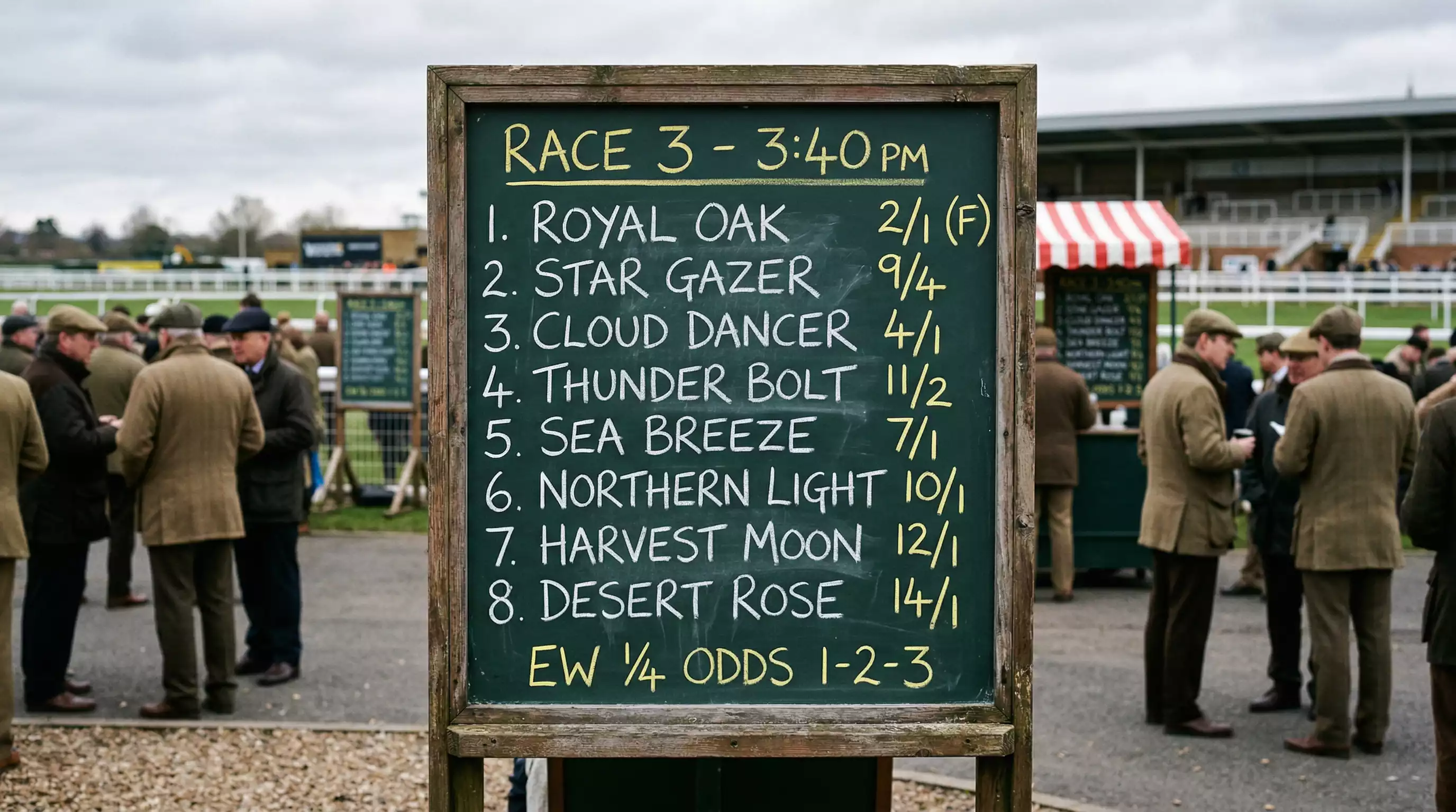 Bookmaker odds board at a UK racecourse showing fractional prices for a competitive handicap race